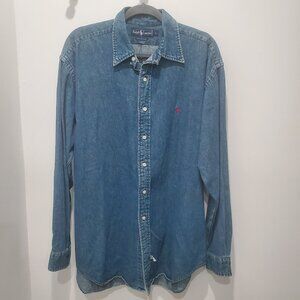 Ralph Lauren Men's Medium Wash Blue Denim Button Down Long Sleeve Shirt  Large
